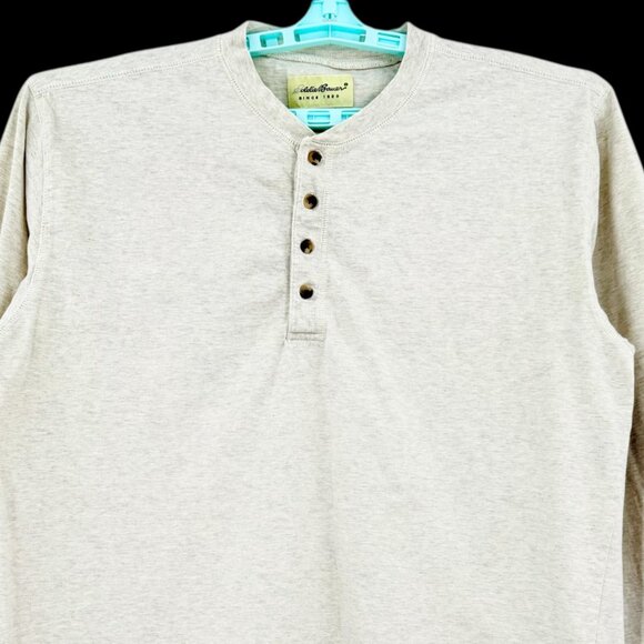 Eddie Bauer Men's Pullover Long Sleeve Grey Beige Henley Shirt Sz L 100% Cotton - Picture 3 of 9